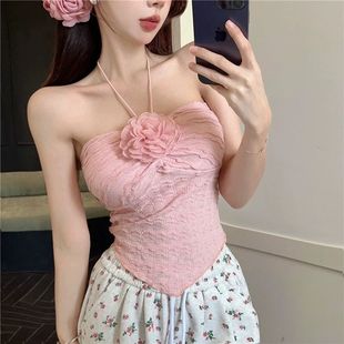 独特别致性感甜辣立体花朵挂脖吊带背心紧身外穿不规则女上衣 夏季