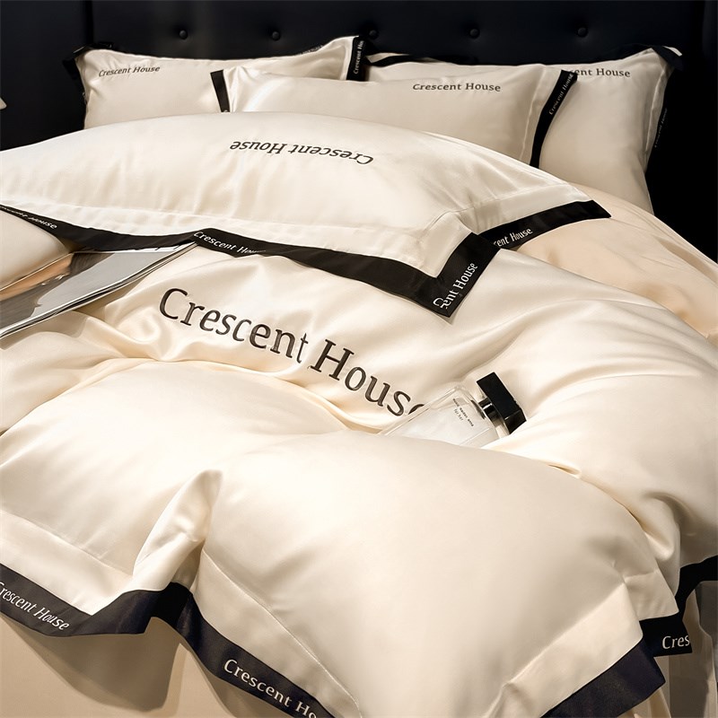 轻奢水洗真丝四件j套夏季冰丝绣花被套丝滑裸睡床笠款简约床单夏