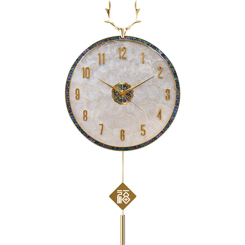 简约现代黄铜挂钟家用客厅贝壳装B饰壁钟创意高端静音表挂墙石英