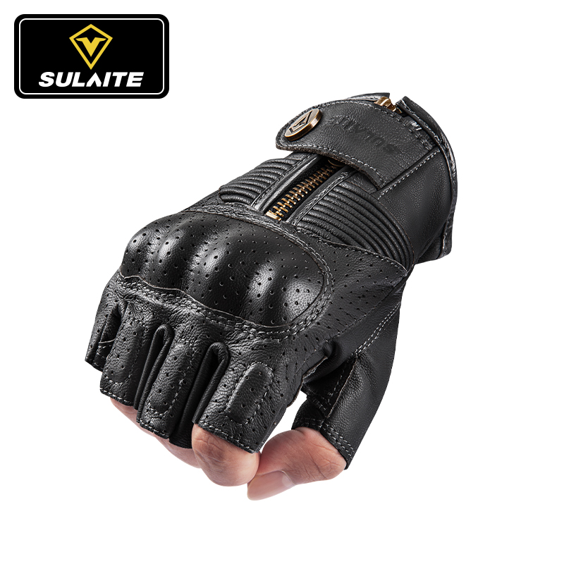 夏季摩托车骑g行半指手套复古真皮机车骑士装备露指碳纤维防摔透