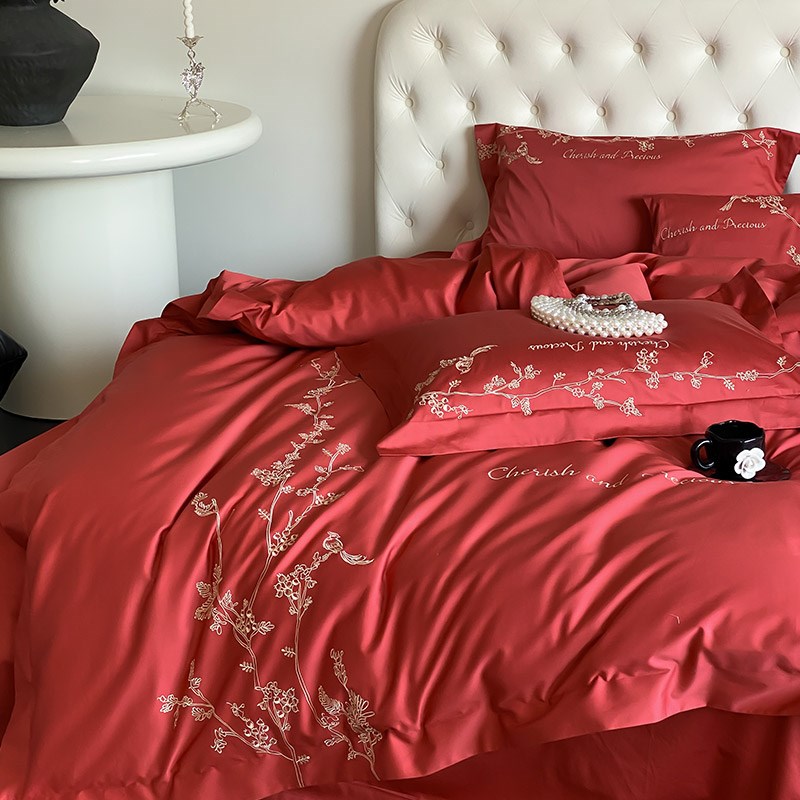 新中式婚庆120S贡缎长绒棉四件套E花鸟刺绣全棉结婚款被套床上用