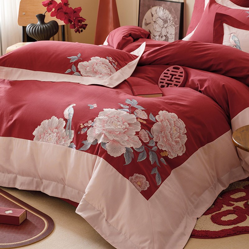 新中式婚庆100S全棉磨毛四件套秋冬花鸟刺绣N被套床上用品红色结