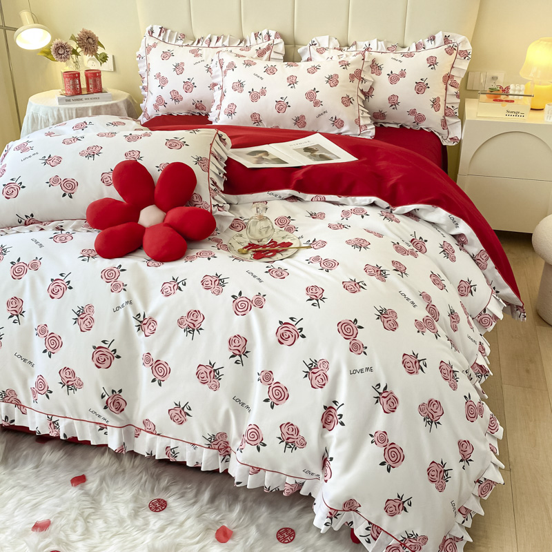 大红色婚庆四件套结婚高端u床上用品被套床单床笠款新婚房喜被陪