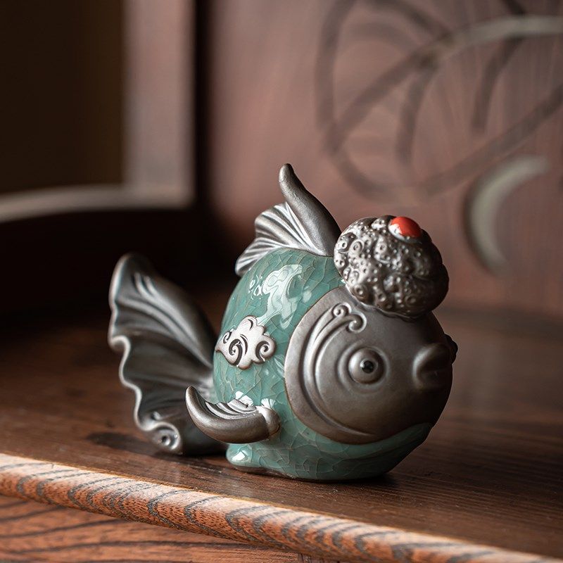 鸿运当头金d鱼摆件陶瓷哥窑招财家居客厅书房茶盘茶宠办公室桌面,家居饰品,装饰摆件,淘宝优惠券,粉丝福利购,淘宝优惠卷