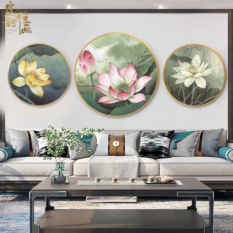 荷花装饰画圆形新中式沙发背景墙禅意玄关走O廊尽头挂餐厅客厅油图片