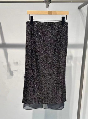 艾诺丝国内代购2025冬季新款显瘦亮片直筒开叉半身裙女装AR354120