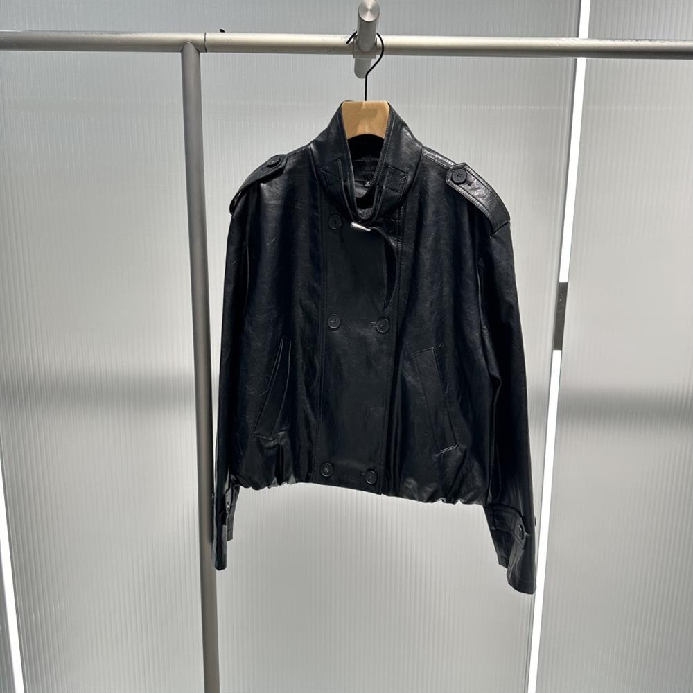 艾诺丝国内代购2025秋装新款黑色时尚双排扣立领皮衣外套AR103052