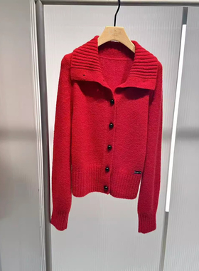 艾诺丝国内代购2025冬季新款高领红色时尚针织衫开衫女装AR804019