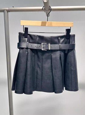 艾诺丝国内代购2025年冬季新款黑色皱褶pu皮半身裙短裙女AR354118