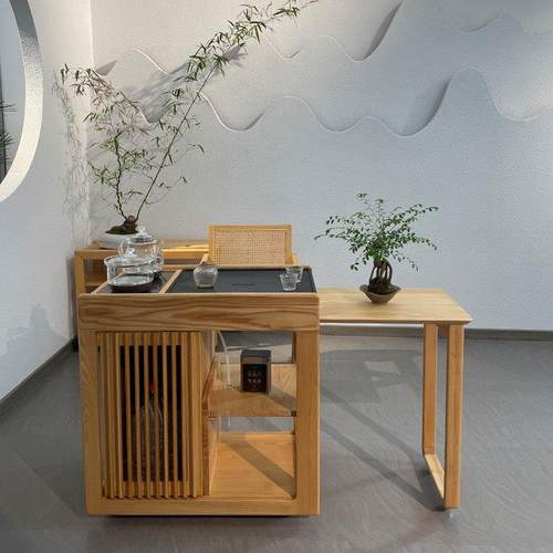 北欧白蜡木实木泡茶桌乌金石茶盘下水功夫茶台带电磁炉烧水原木色