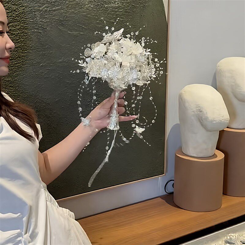 速发银色手捧花新娘结婚材料包手工仿真花领证订婚礼物送新婚闺蜜