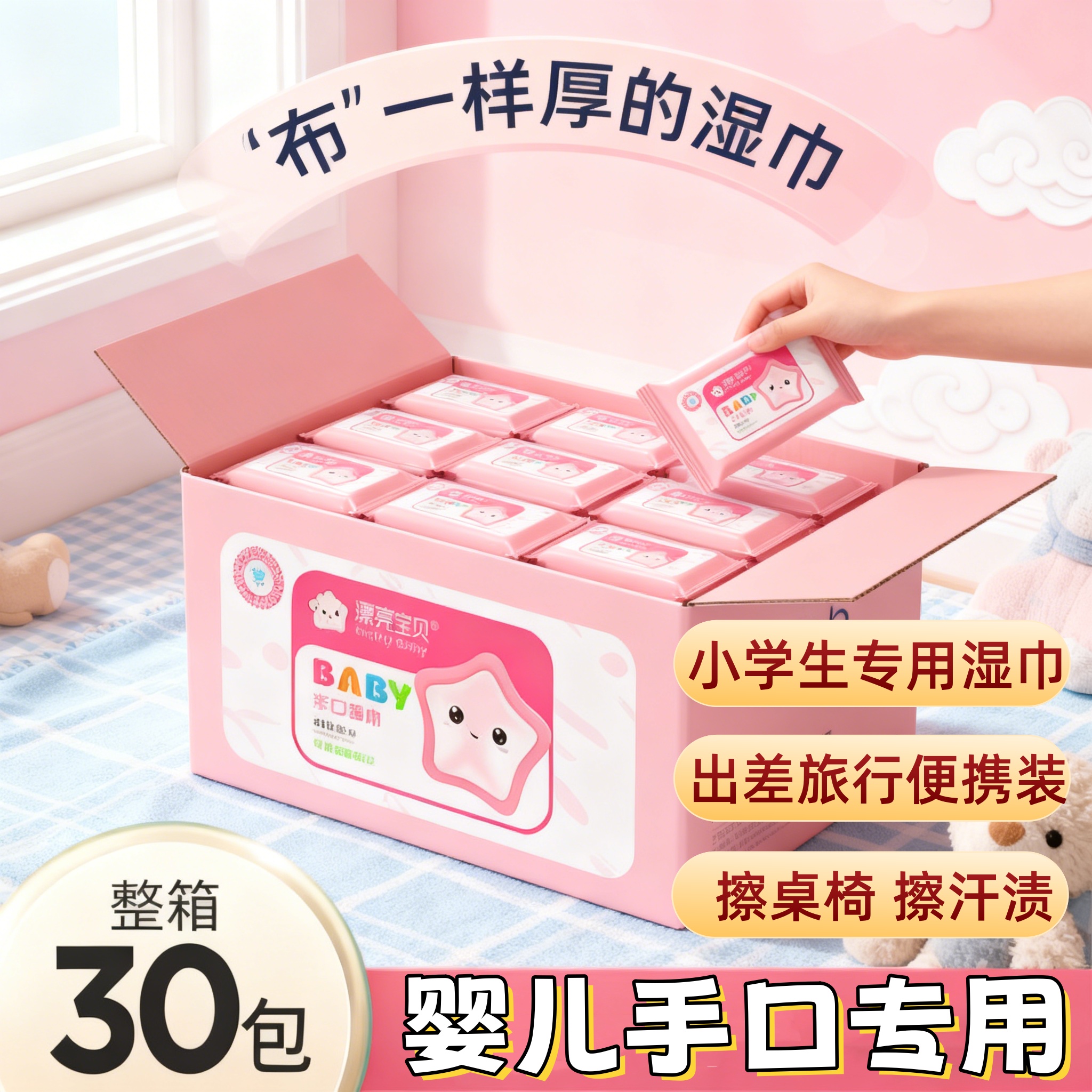 30包整箱小包湿巾手口专用婴幼儿宝宝便携随身儿童学生湿纸巾