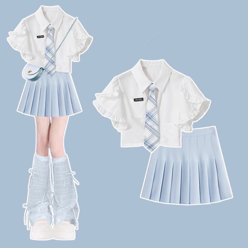 女童夏季jk制服套装2025新款学院风衬衫短袖中大童百褶短裙两件套