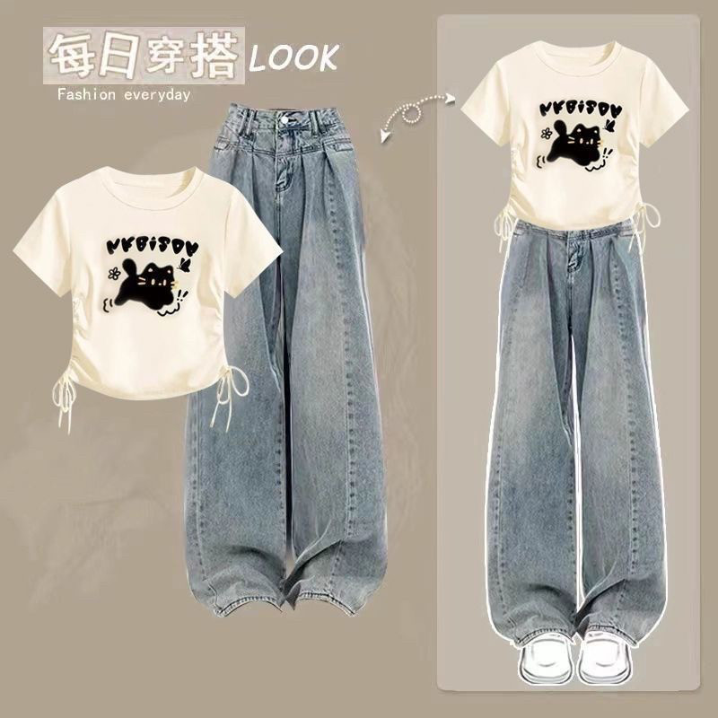 女童夏装套装2025新款儿童洋气时髦短袖T恤牛仔裤两件套宝宝衣服图片