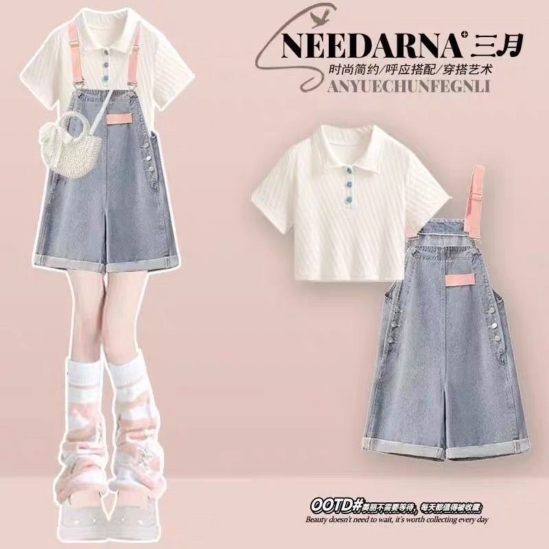 少女时尚套装2025夏新款小个子大童短袖牛仔背带裤两件套初中学生