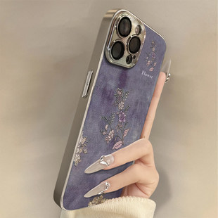 适用苹果17promax手机壳复古花梅小羊皮彩绘iphone16pro新女款15pm小众高级14带支架13保护套x创意17全包防摔