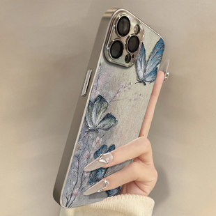 桃花蝴蝶适用苹果17promax手机壳新款iPhone16pro保护套全包防摔15/14高级感小羊皮13个性创意女12plus带支架