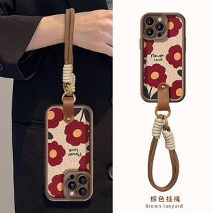 适用苹果16promax手机壳新款14简约15pro美拉德13满屏油画红花17promax秋冬iPhone17挂绳12小羊皮全包防摔女