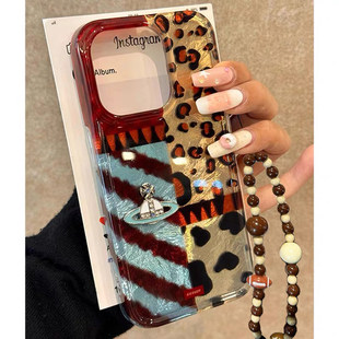豹纹拼接适用iphone16promax手机壳2026新款高级感带手链挂绳苹果16Pro小众女款15PM防摔外壳14P立体保护套13