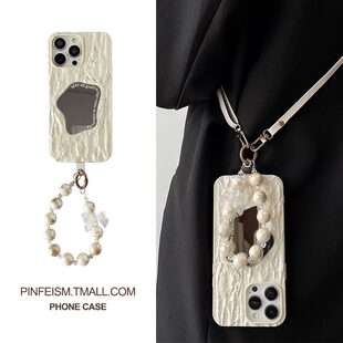 适用苹果17promax手机壳16pm新款iphone15pro浮雕补妆镜14蝴蝶手链13防摔11斜挎挂绳ip14p保护套16小众高级感