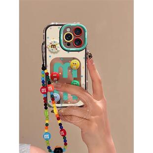 补妆镜子适用苹果15promax手机壳新款高级感卡通M豆带挂绳iPhone15pro全包防摔镜面14Plus女款保护套13小众12