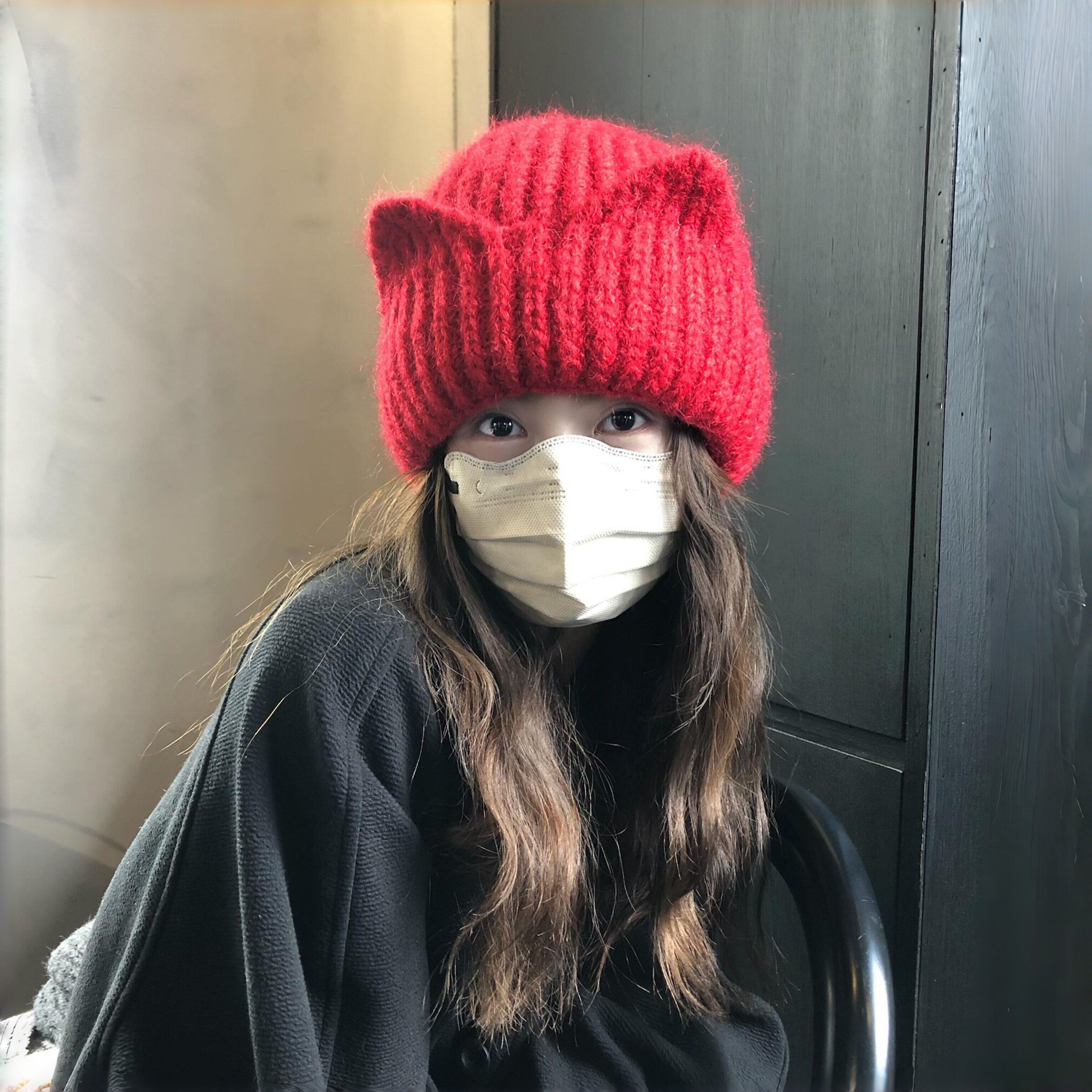 长出猫耳~红色帽子针织帽秋冬保暖毛线帽韩系百搭显脸小护耳冷帽