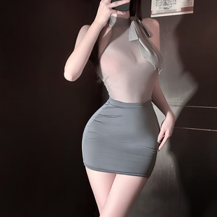 性感御姐风无袖 挂脖包臀裙ol秘书制服女网纱纯欲透视诱惑露背qqny