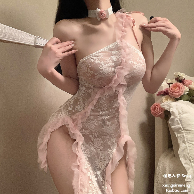 相思入梦 性感斜挂系带蕾丝镂空甜美抹胸免脱开叉连衣裙旗袍qqny