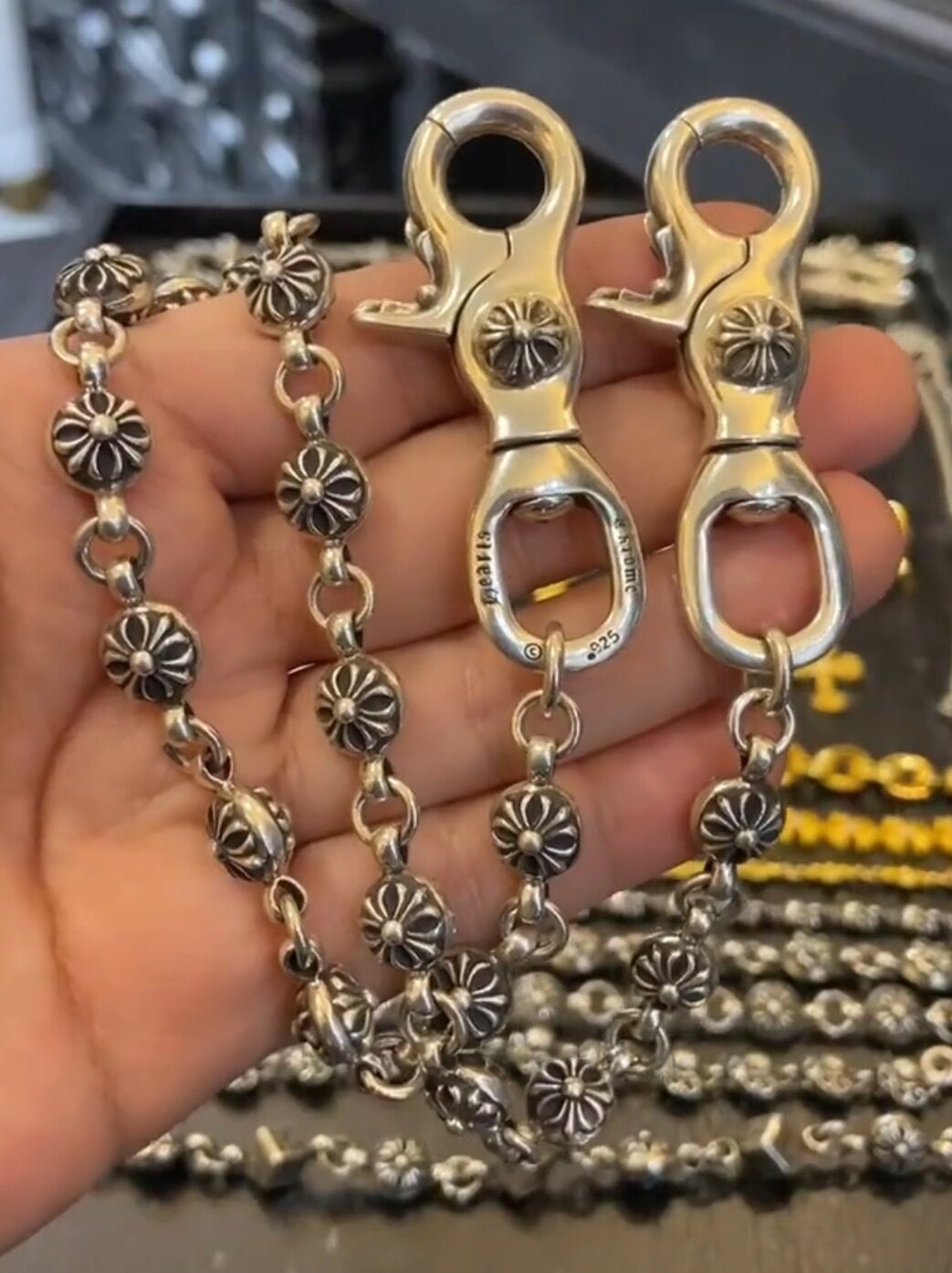 CRUSADER FLOWER LOBSTER BUCKLE TROUSER CHAIN  PUNK PREMIUM CLASSIC HIP HOP ROCK BAG HANGING CHAIN AGED THAI SILVER