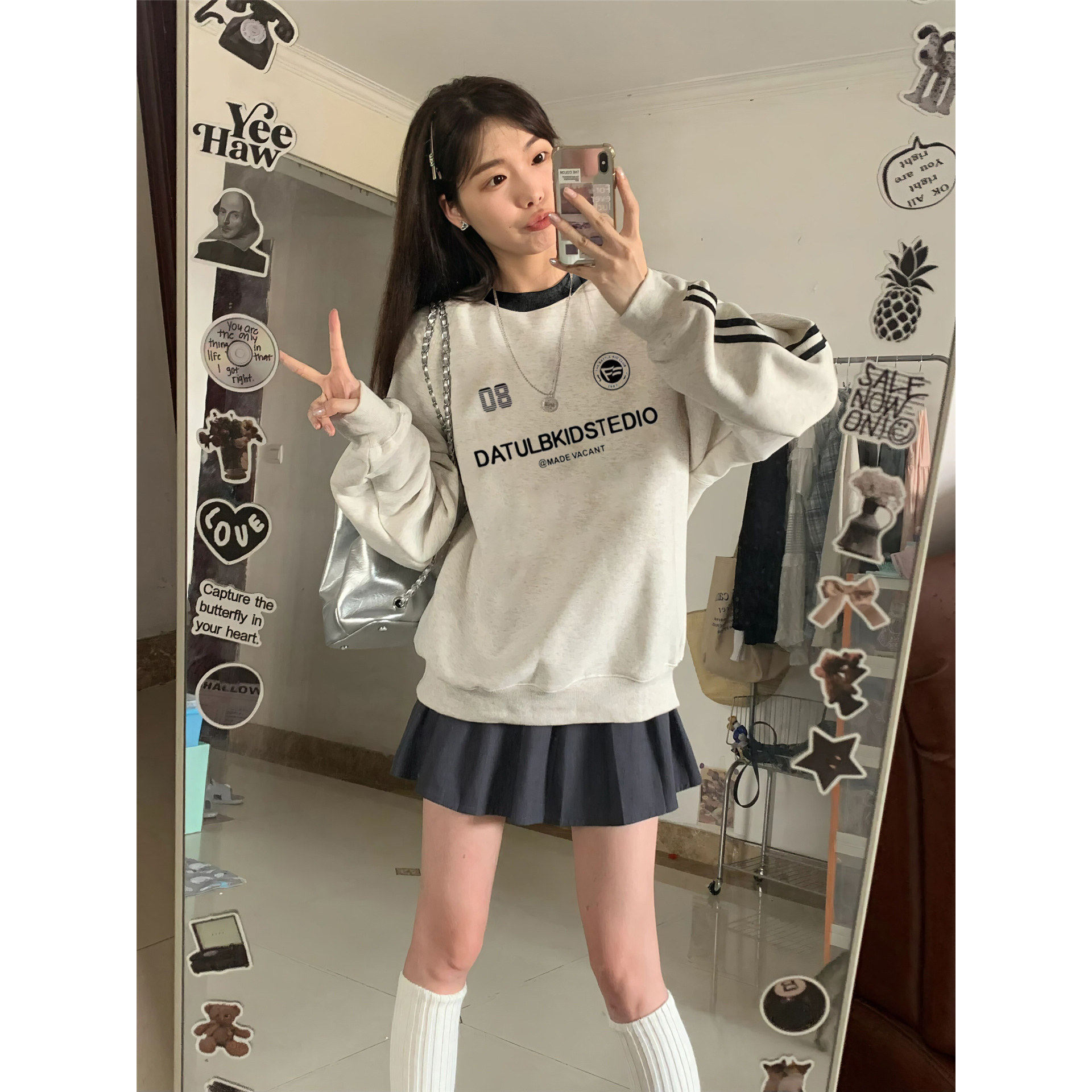 美式甜酷超火三条杠插肩加绒卫衣女冬2025高中生穿搭宽松无帽外套