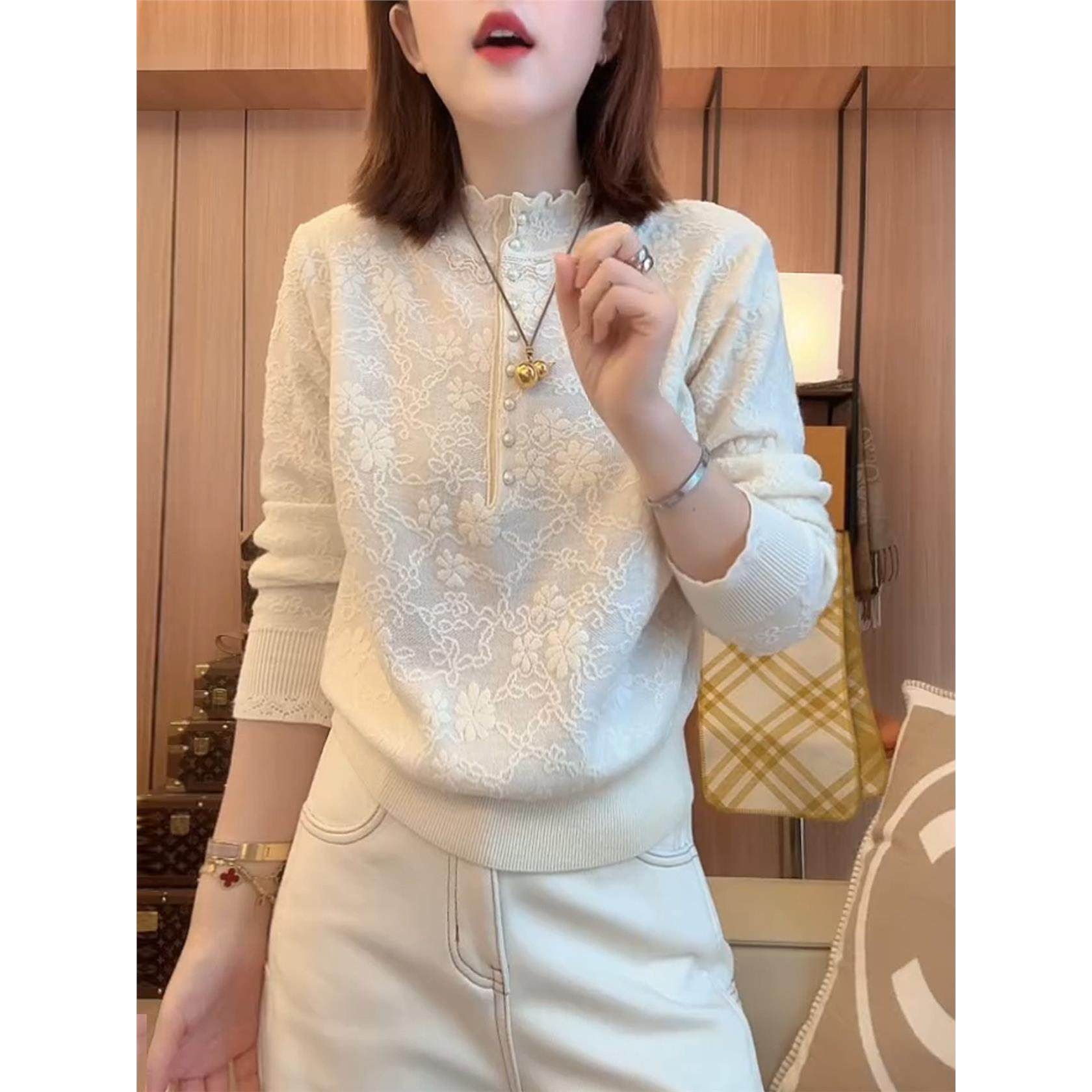 花边蕾丝立领毛衣打底衫女秋冬针织内搭2025新款韩系减龄气质上衣,个性定制/设计服务/DIY,棉服工装,淘宝优惠券,粉丝福利购,淘宝优惠卷