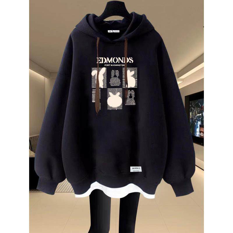 连帽卫衣女2025秋冬新款中长款遮屁股加绒加厚宽松慵懒风假两件潮