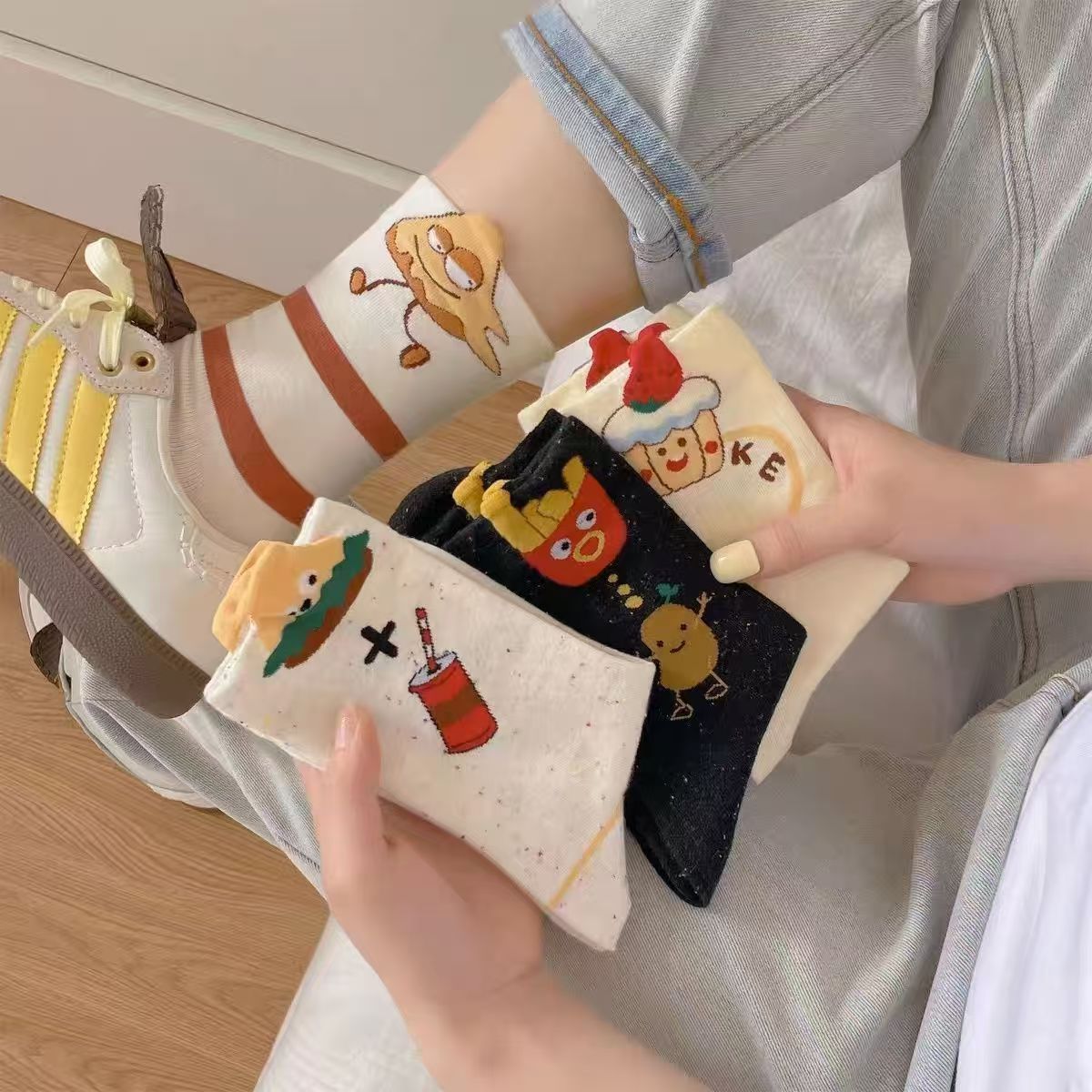 秋冬日系可爱卡通薯条女中筒袜