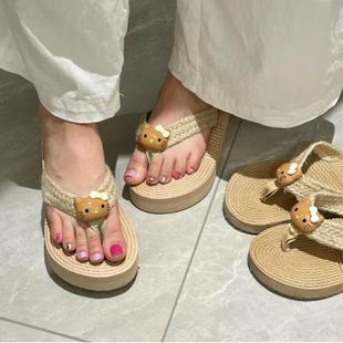 夏季爆款黑皮Kitty亚麻人字拖可爱甜美沙滩拖鞋编织草鞋海边鞋