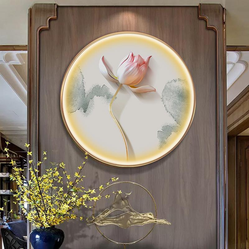 荷花挂画新中式圆形入户玄关装饰画灯光画客厅背景墙禅意茶室壁画