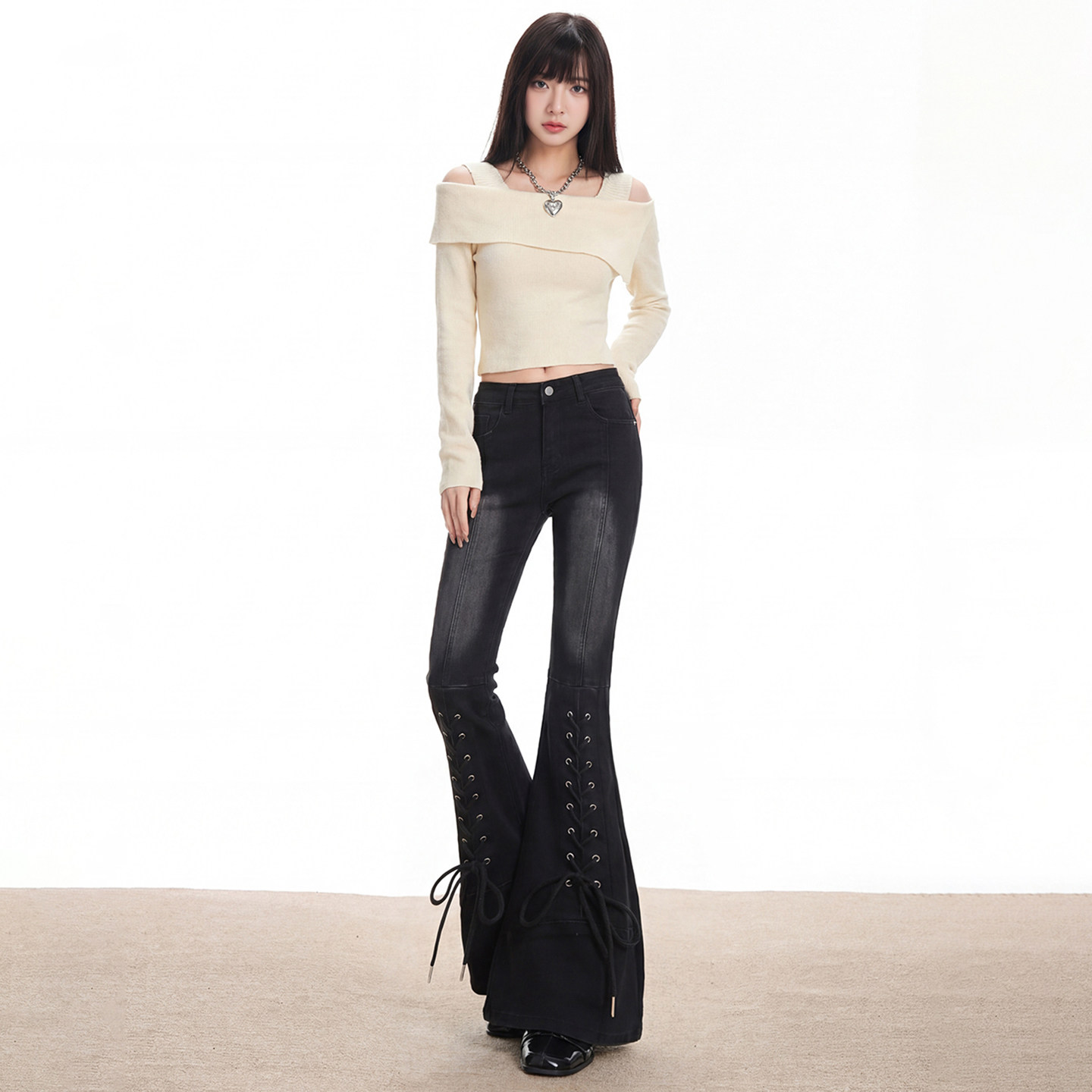 黑色修身女裤显瘦马蹄长裤美式复古辣妹风系带微喇牛仔裤女设计感,女装/女士精品,牛仔裤,淘宝优惠券,粉丝福利购,淘宝优惠卷