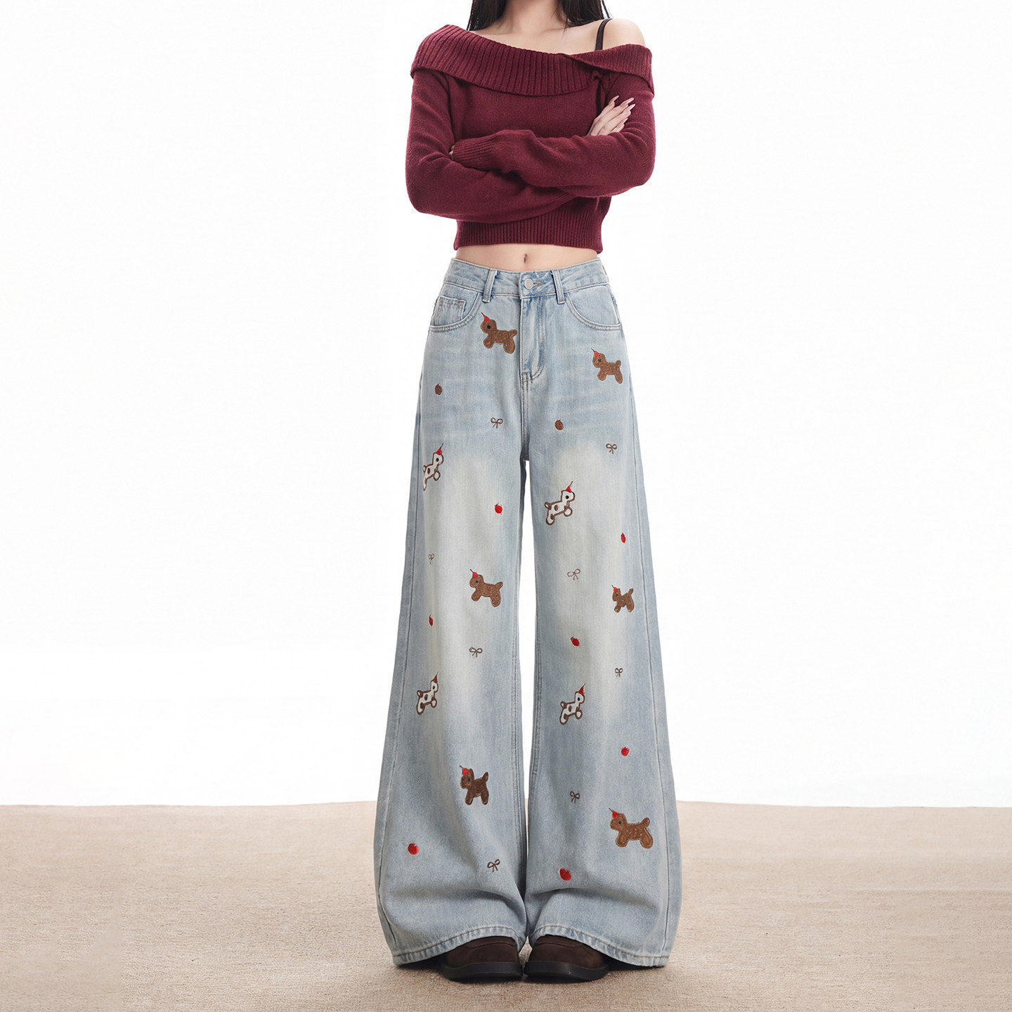 小狗刺绣浅蓝色阔腿牛仔裤女新款复古高腰宽松显瘦百搭休闲裤拖地,女装/女士精品,牛仔裤,淘宝优惠券,粉丝福利购,淘宝优惠卷