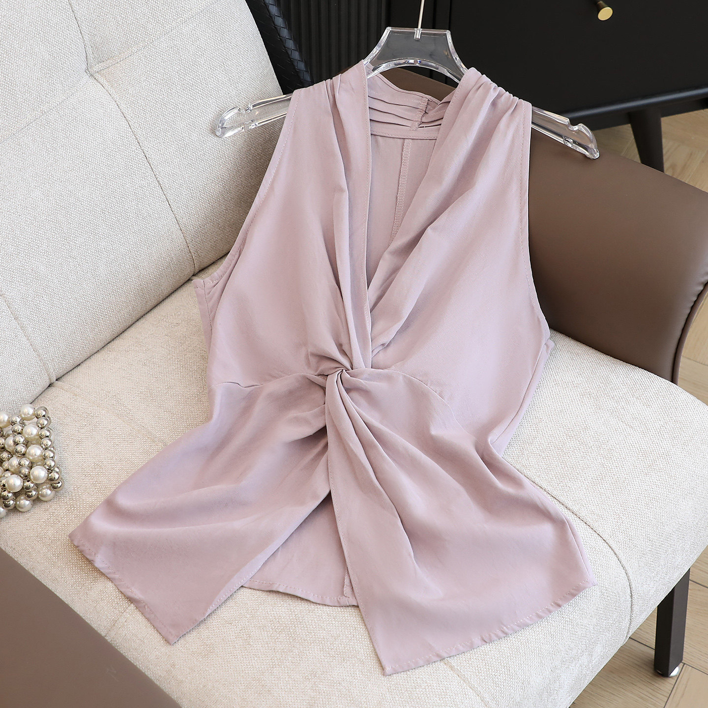 夏季V领扭结设计感雪纺衫显瘦百搭小衫气质通勤紫色无袖上衣女装