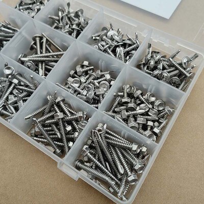 400PCS 410不锈钢十字 圆头华司及六角华司钻尾自攻螺丝钉套装#8
