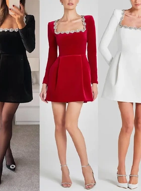 Spring square neck diamond short velvet dress