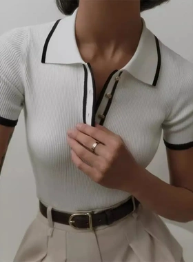 Slim Short Sleeve Lapel Top Threaded Skinny Clashing Knit Sw