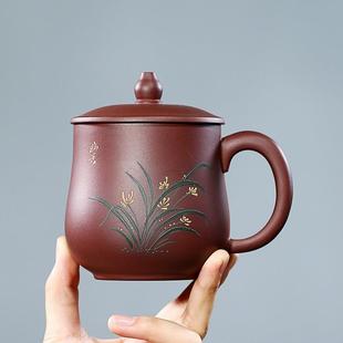 保温杯子家用带把水杯女士款 宜兴纯手工紫砂杯泥绘大容量带盖男士