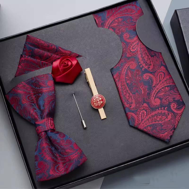 五件套领带男士正装商务韩版结婚新郎懒人红色拉链领结方巾领带夹