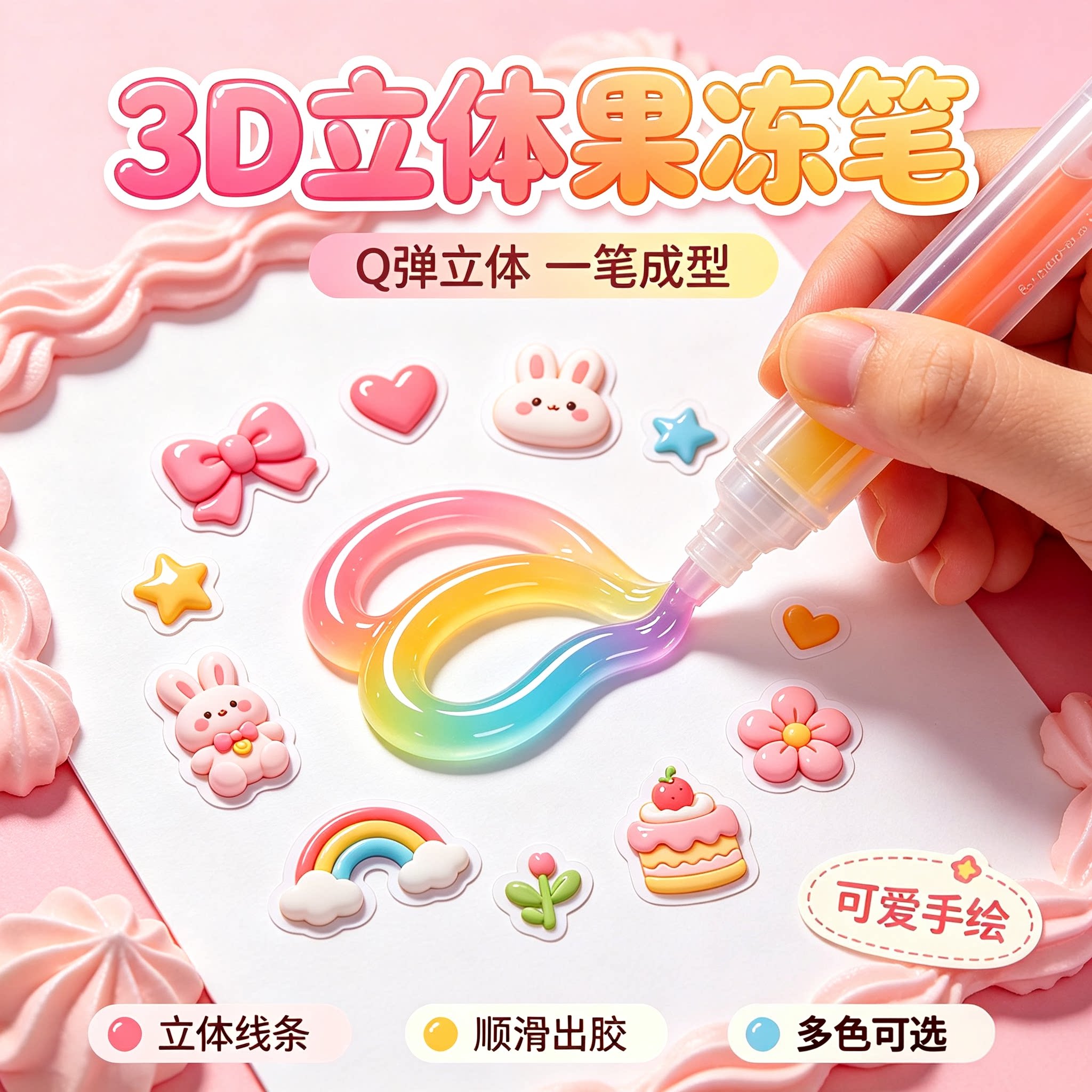 3D立体果冻笔DIY手工制作材料包儿童卡通可爱一笔成型涂鸦笔多色