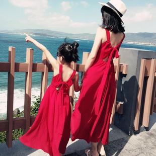 2024海边度假亲子装 沙滩度假长裙小礼服 露背红色连衣裙母女装 夏装