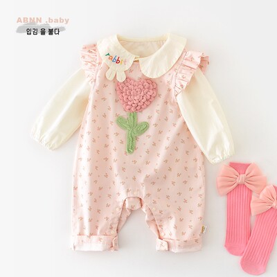 新生儿宝宝外出飞袖连体背带裤女童婴幼儿春秋新款碎花裤子郁金香