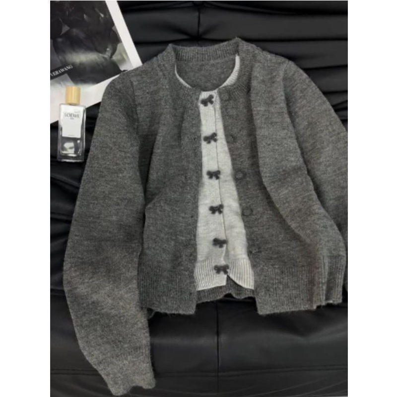 秋季韩系chic拼接撞色假两件灰色针织开衫外套女慵懒外搭毛衣上衣