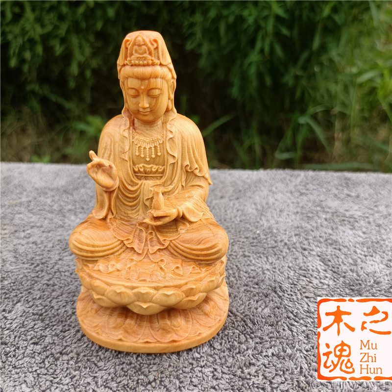速发崖柏萨杨木雕刻净瓶观音菩像汽车摆件居家供奉观世音佛黄保平