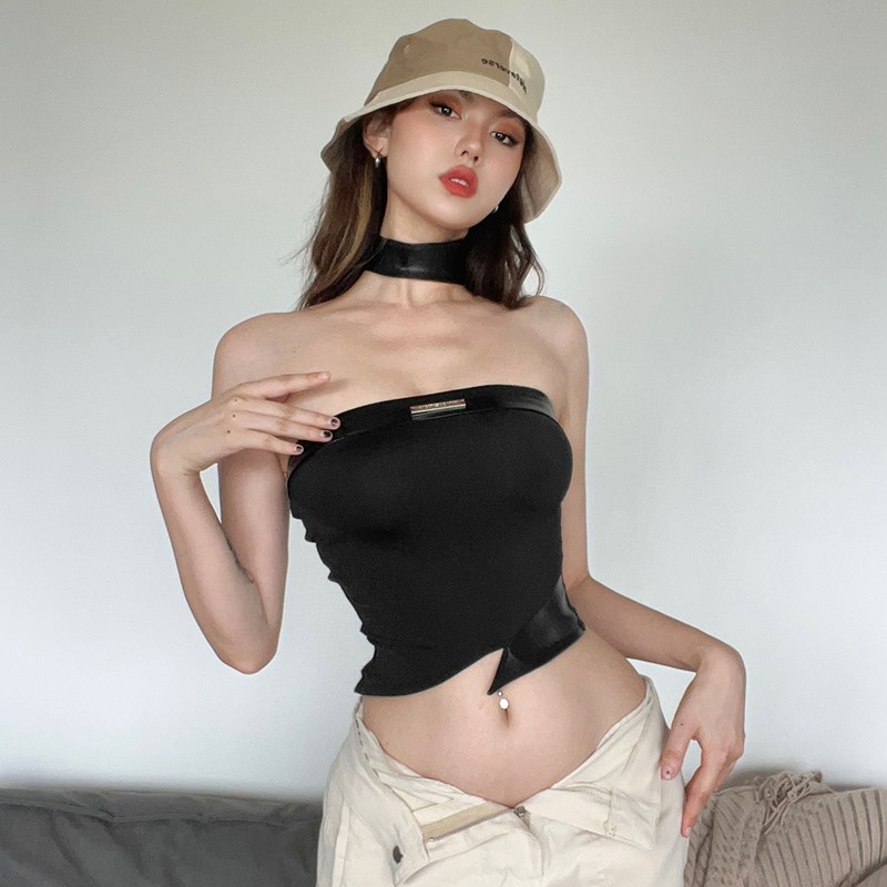 速发##项黑系酷拽设不规则性感暗圈吊带 别致风计背心潮