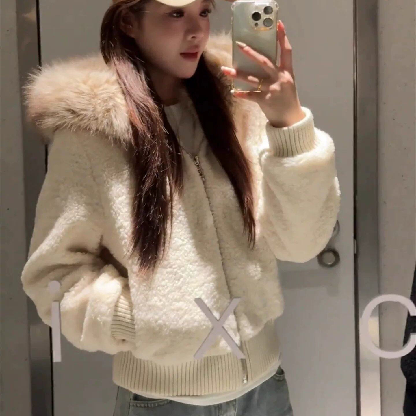 羊羔毛加绒毛领棉服女小个子冬新款慵懒风宽松短款棉衣外套棉袄女
